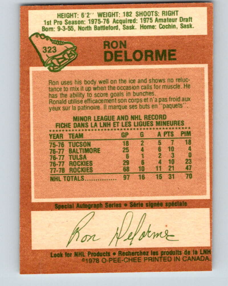 1978-79 O-Pee-Chee #323 Ron Delorme RC Rookie Rockies V25405