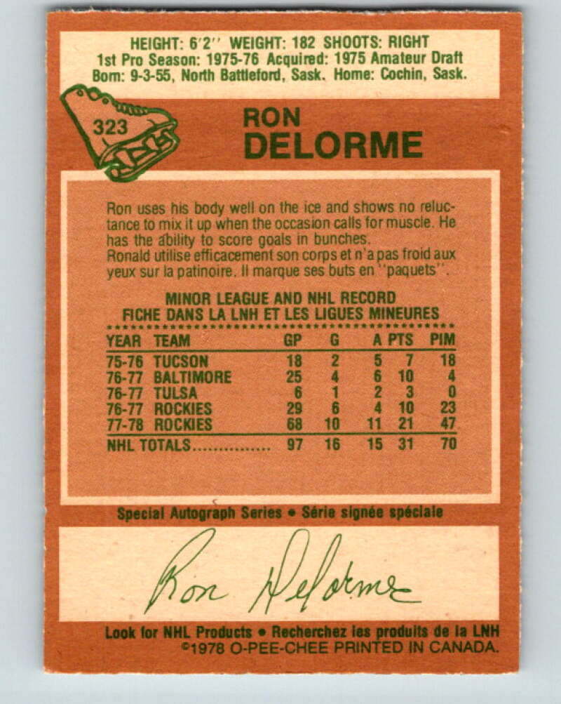 1978-79 O-Pee-Chee #323 Ron Delorme RC Rookie Rockies V25406