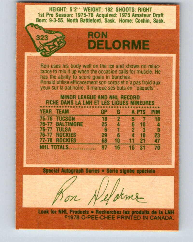1978-79 O-Pee-Chee #323 Ron Delorme RC Rookie Rockies V25407