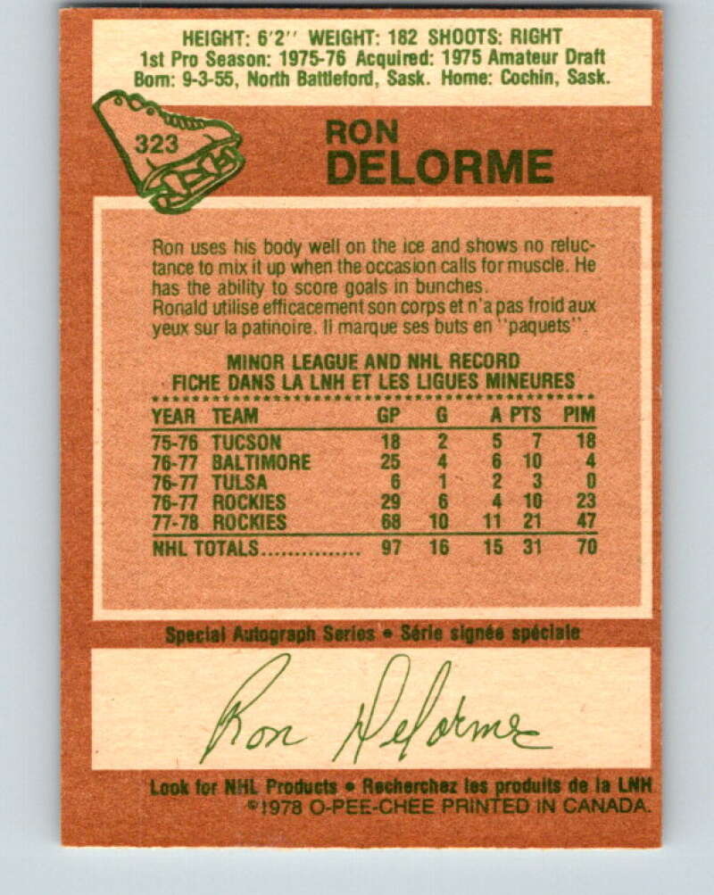 1978-79 O-Pee-Chee #323 Ron Delorme RC Rookie Rockies V25408