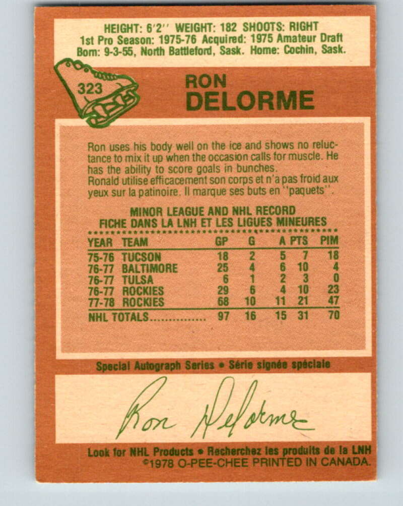 1978-79 O-Pee-Chee #323 Ron Delorme RC Rookie Rockies V25409