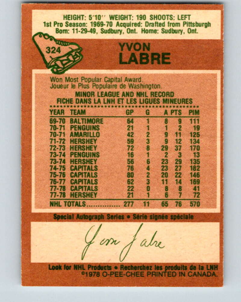 1978-79 O-Pee-Chee #324 Yvon Labre Washington Capitals V25412