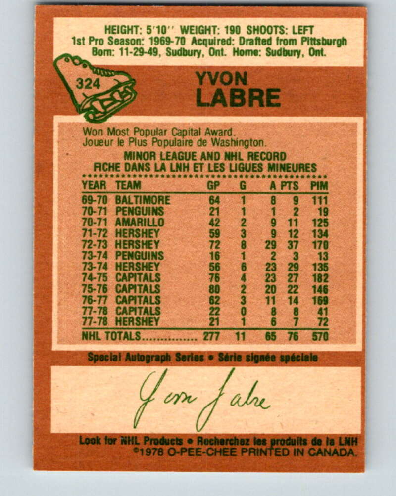 1978-79 O-Pee-Chee #324 Yvon Labre Washington Capitals V25414