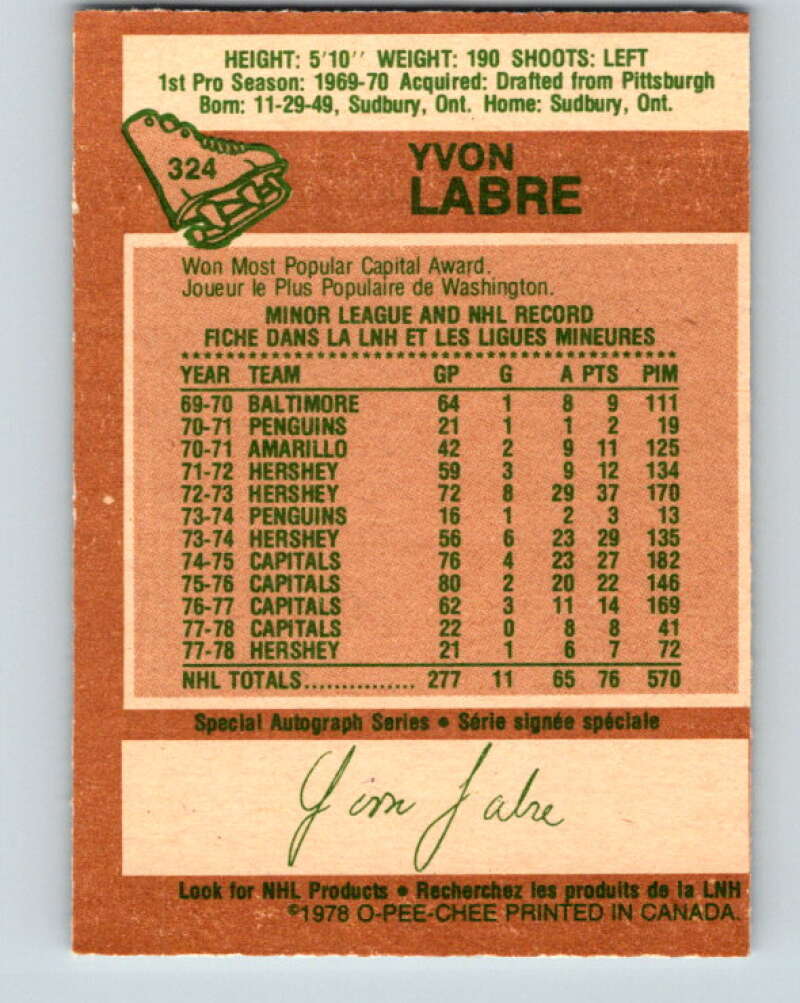 1978-79 O-Pee-Chee #324 Yvon Labre Washington Capitals V25416