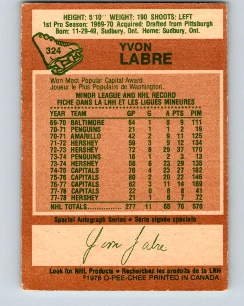 1978-79 O-Pee-Chee #324 Yvon Labre Washington Capitals V25417