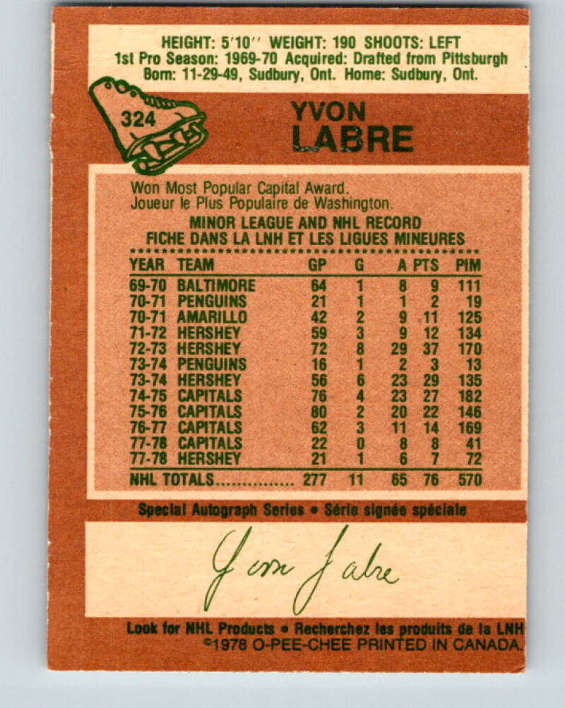 1978-79 O-Pee-Chee #324 Yvon Labre Washington Capitals V25419