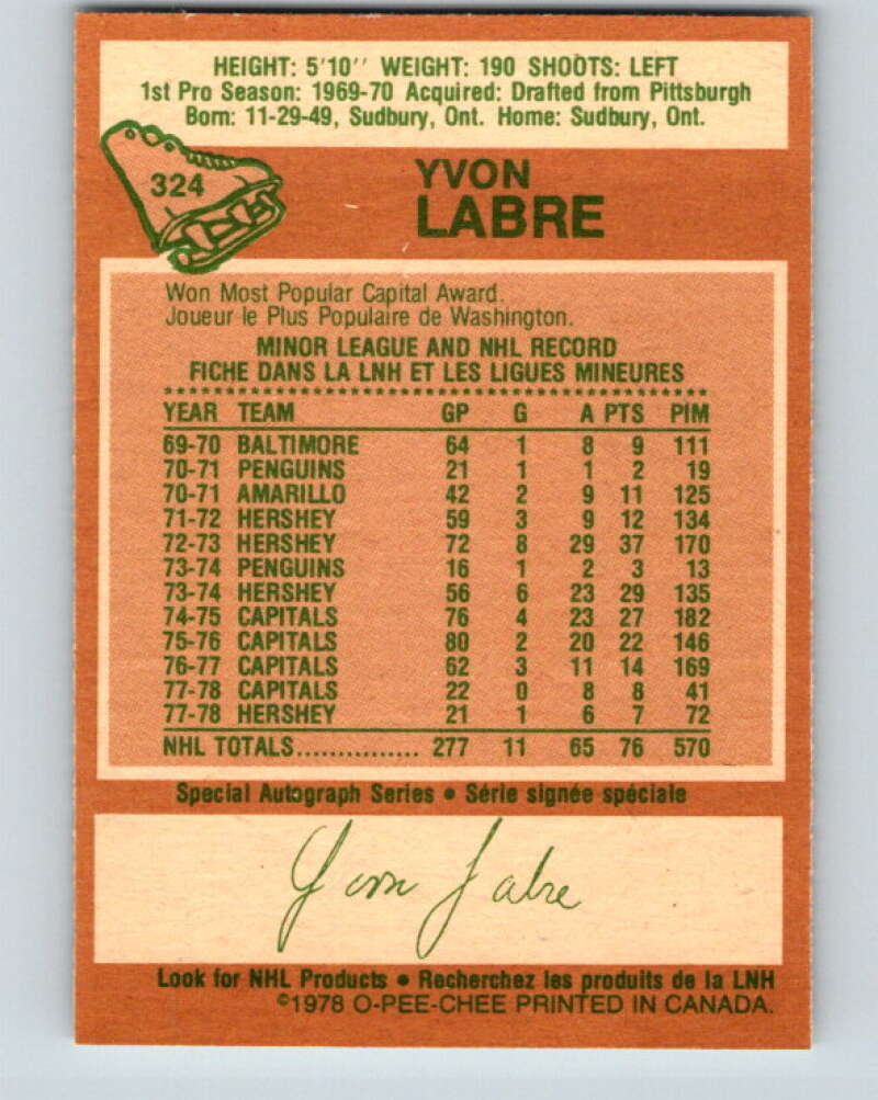1978-79 O-Pee-Chee #324 Yvon Labre Washington Capitals V25420