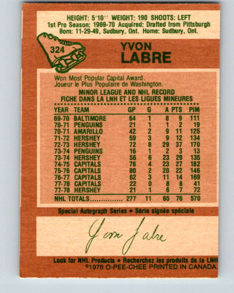 1978-79 O-Pee-Chee #324 Yvon Labre Washington Capitals V25421