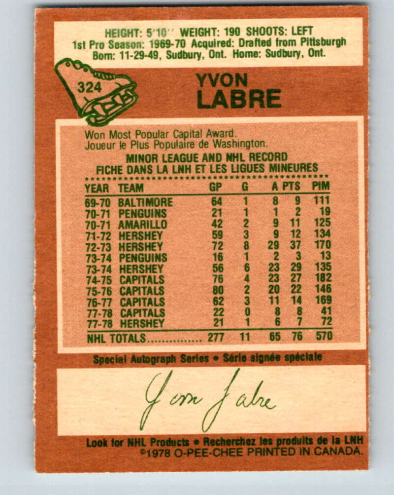1978-79 O-Pee-Chee #324 Yvon Labre Washington Capitals V25422