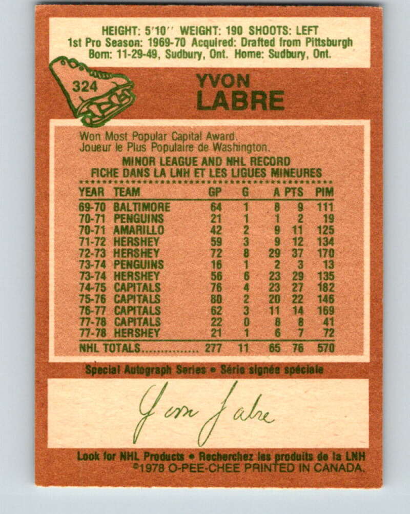 1978-79 O-Pee-Chee #324 Yvon Labre Washington Capitals V25425