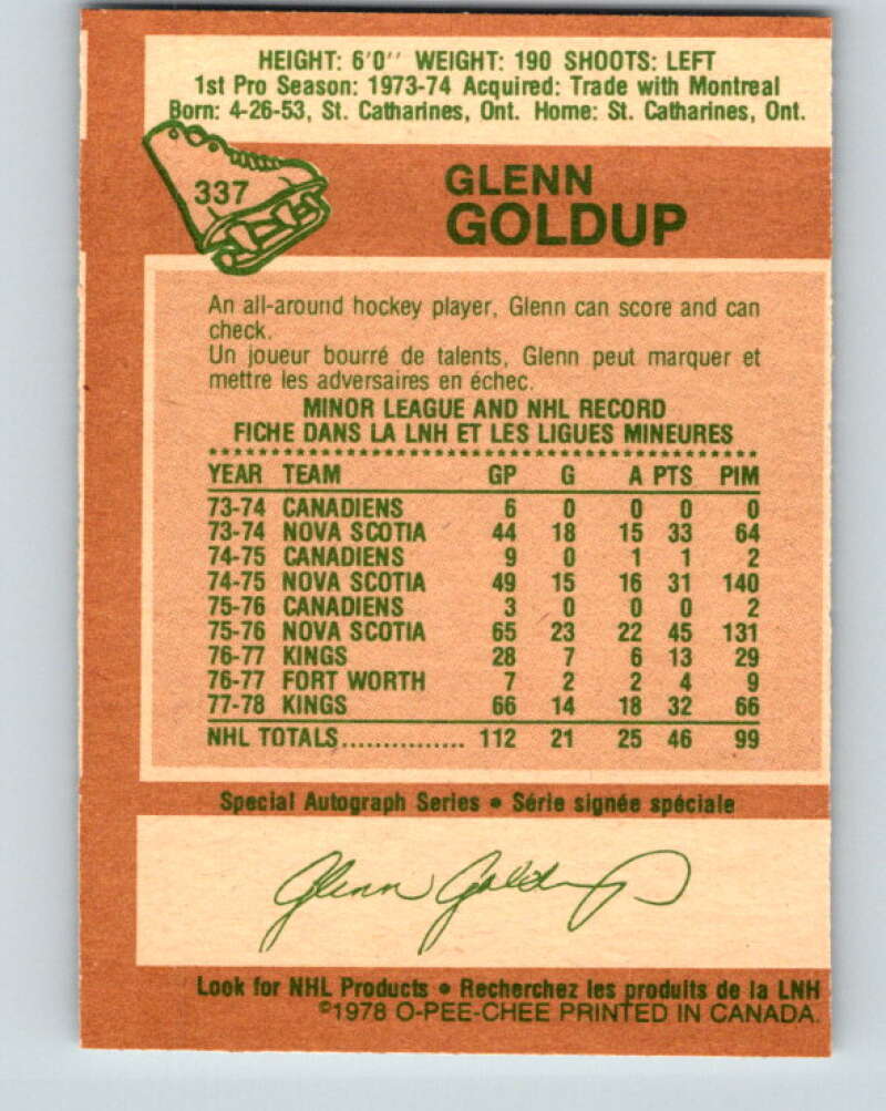 1978-79 O-Pee-Chee #337 Glenn Goldup Los Angeles Kings V25588