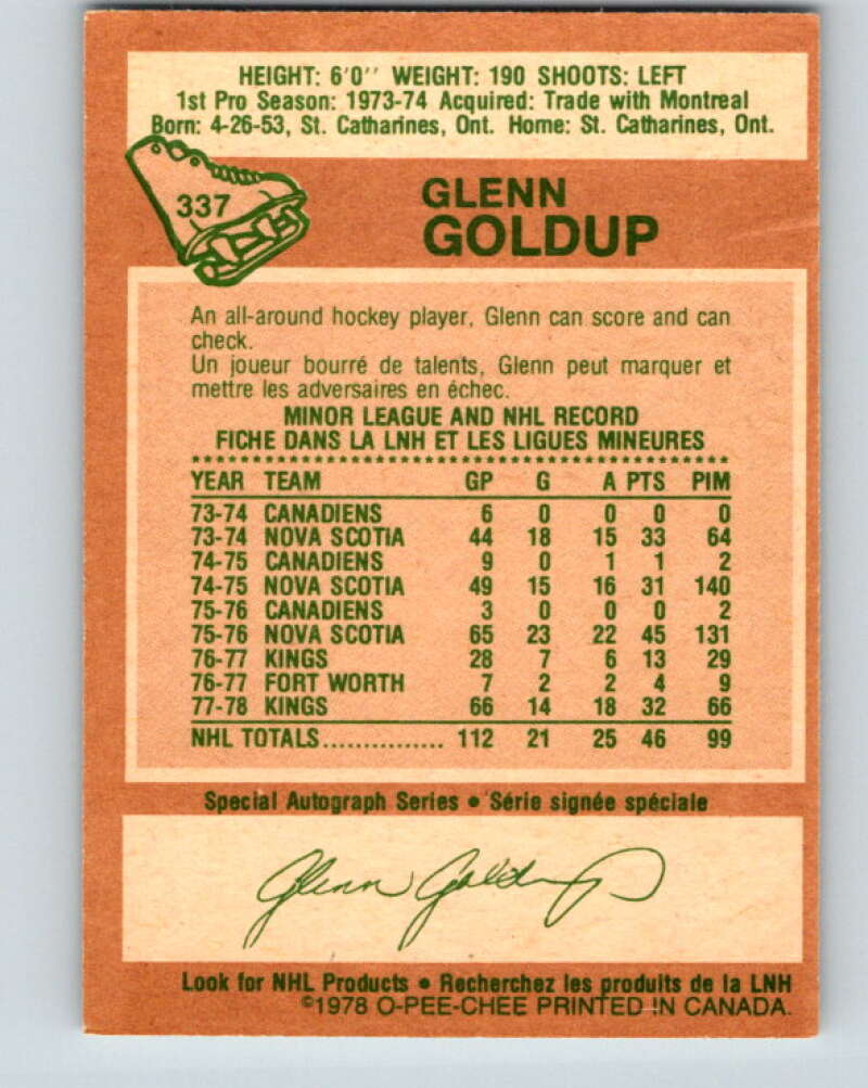 1978-79 O-Pee-Chee #337 Glenn Goldup Los Angeles Kings V25590