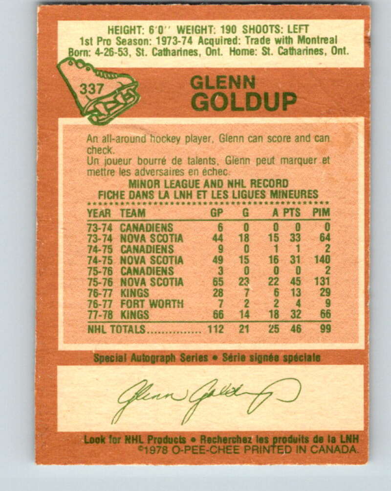 1978-79 O-Pee-Chee #337 Glenn Goldup Los Angeles Kings V25591