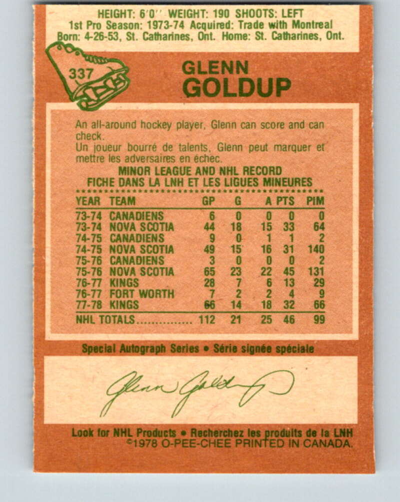 1978-79 O-Pee-Chee #337 Glenn Goldup Los Angeles Kings V25593