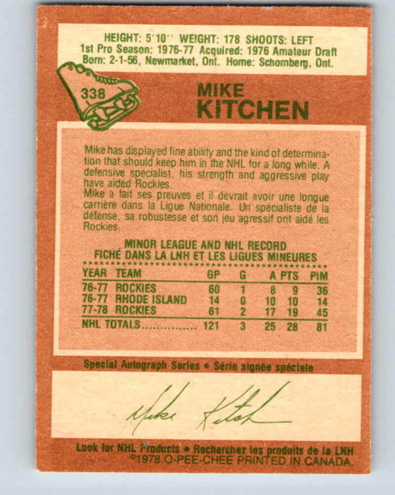 1978-79 O-Pee-Chee #338 Mike Kitchen Colorado Rockies V25600