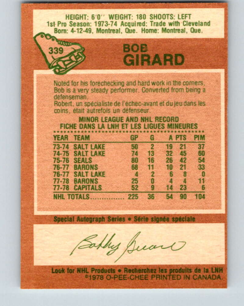 1978-79 O-Pee-Chee #339 Bob Girard Washington Capitals V25613
