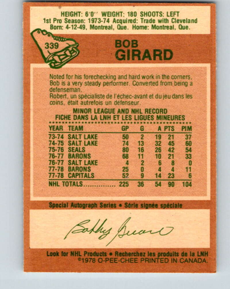 1978-79 O-Pee-Chee #339 Bob Girard Washington Capitals V25614