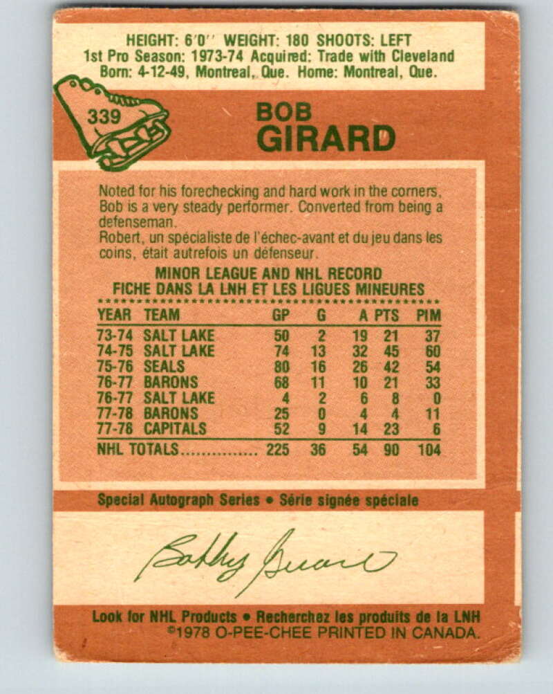 1978-79 O-Pee-Chee #339 Bob Girard Washington Capitals V25616