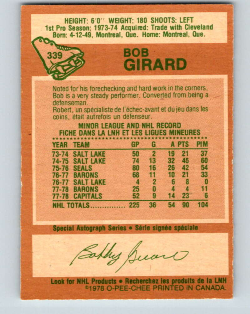 1978-79 O-Pee-Chee #339 Bob Girard Washington Capitals V25617