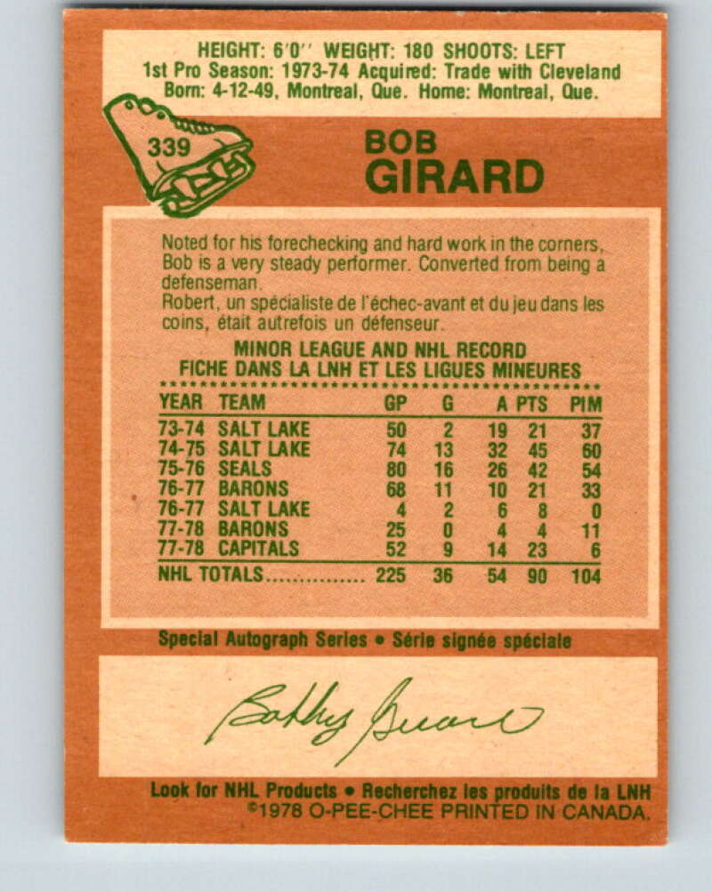 1978-79 O-Pee-Chee #339 Bob Girard Washington Capitals V25618
