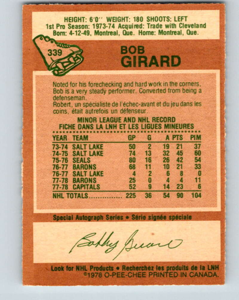 1978-79 O-Pee-Chee #339 Bob Girard Washington Capitals V25619