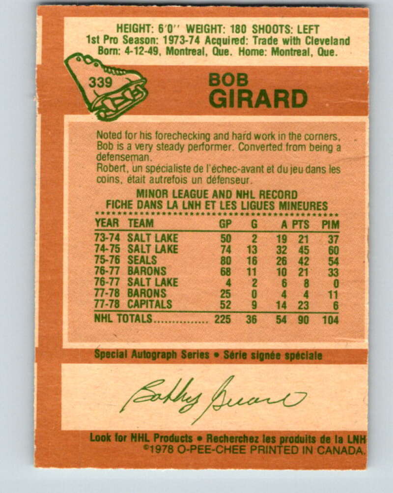 1978-79 O-Pee-Chee #339 Bob Girard Washington Capitals V25624