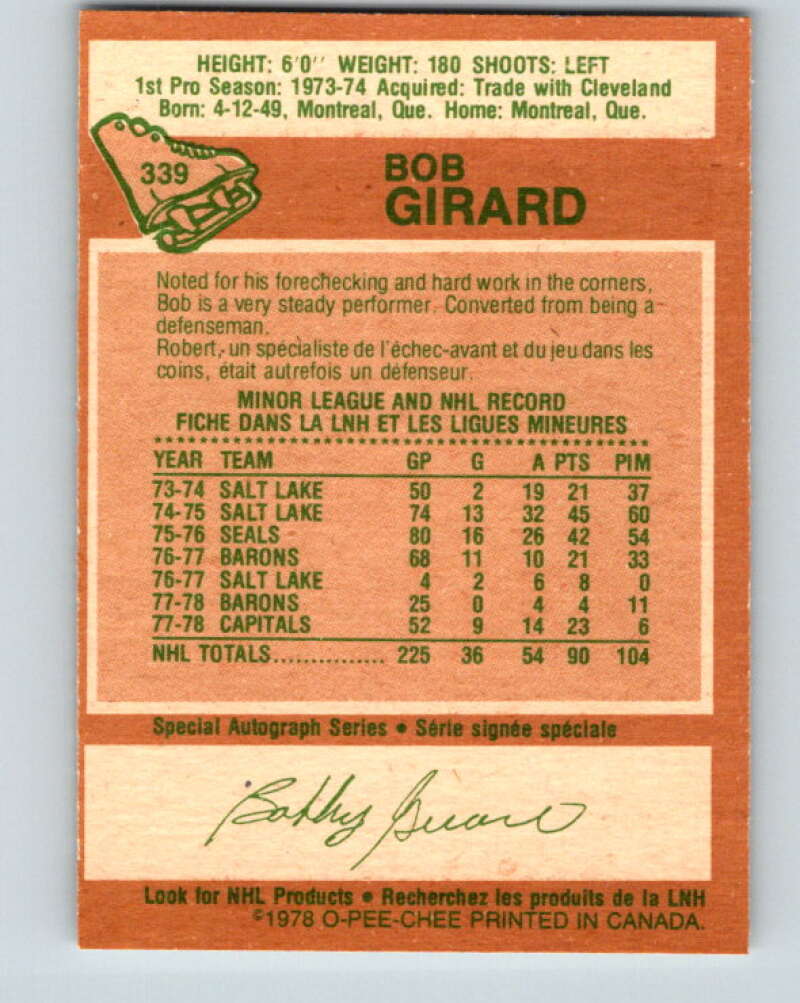 1978-79 O-Pee-Chee #339 Bob Girard Washington Capitals V25625