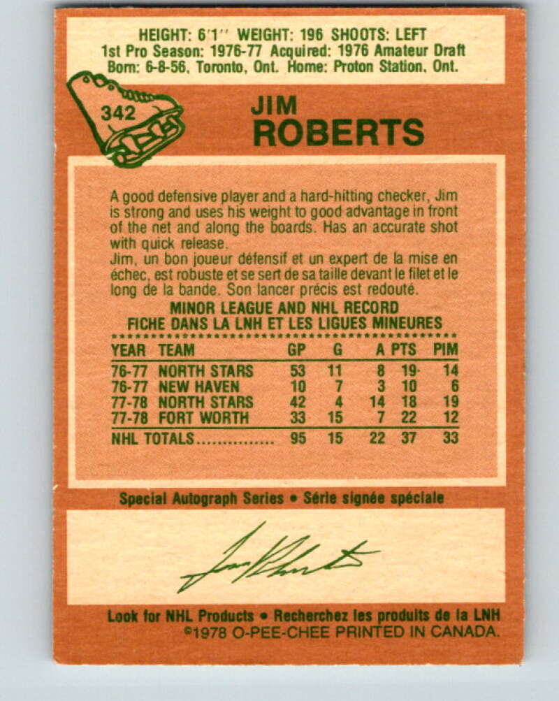 1978-79 O-Pee-Chee #342 Jim Roberts Minnesota North Stars V25662