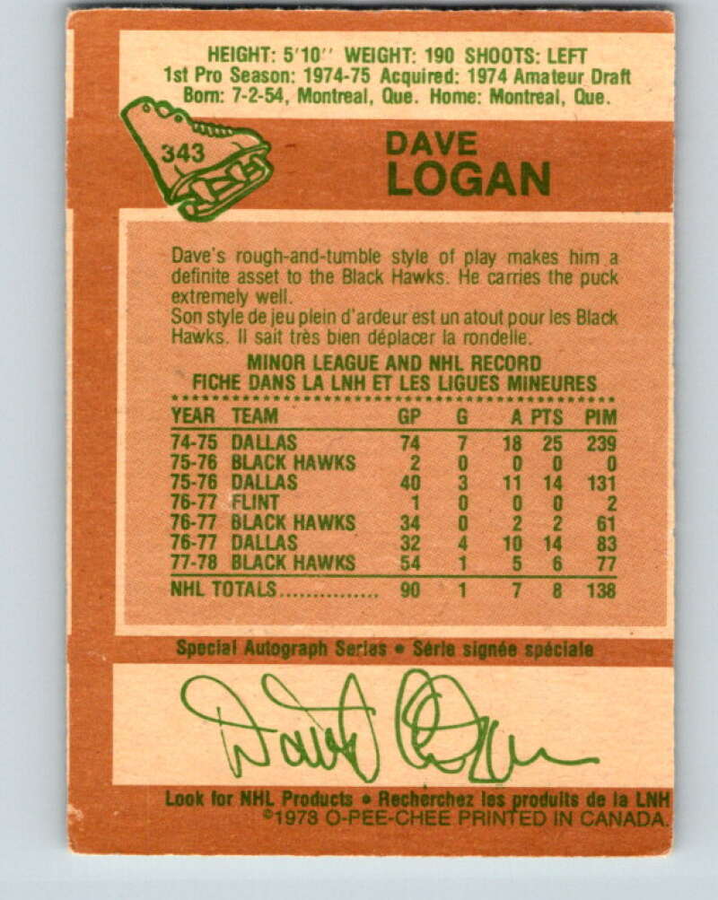 1978-79 O-Pee-Chee #343 Dave Logan RC Rookie Blackhawks V25667
