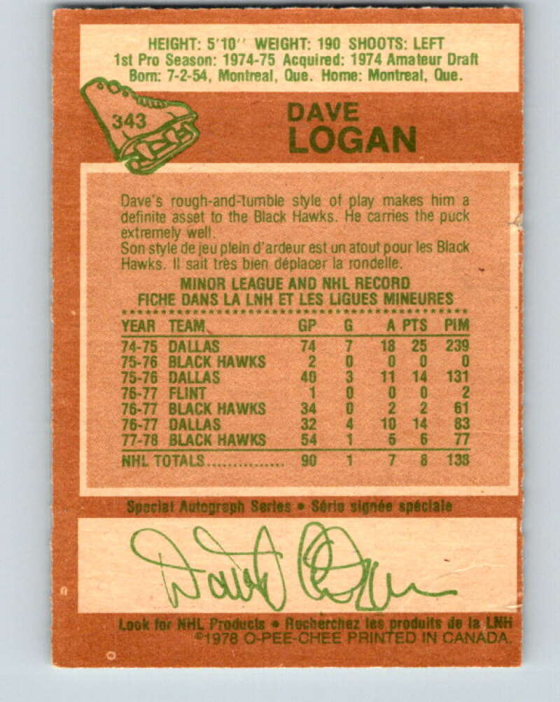 1978-79 O-Pee-Chee #343 Dave Logan RC Rookie Blackhawks V25670