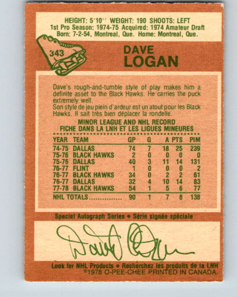 1978-79 O-Pee-Chee #343 Dave Logan RC Rookie Blackhawks V25672
