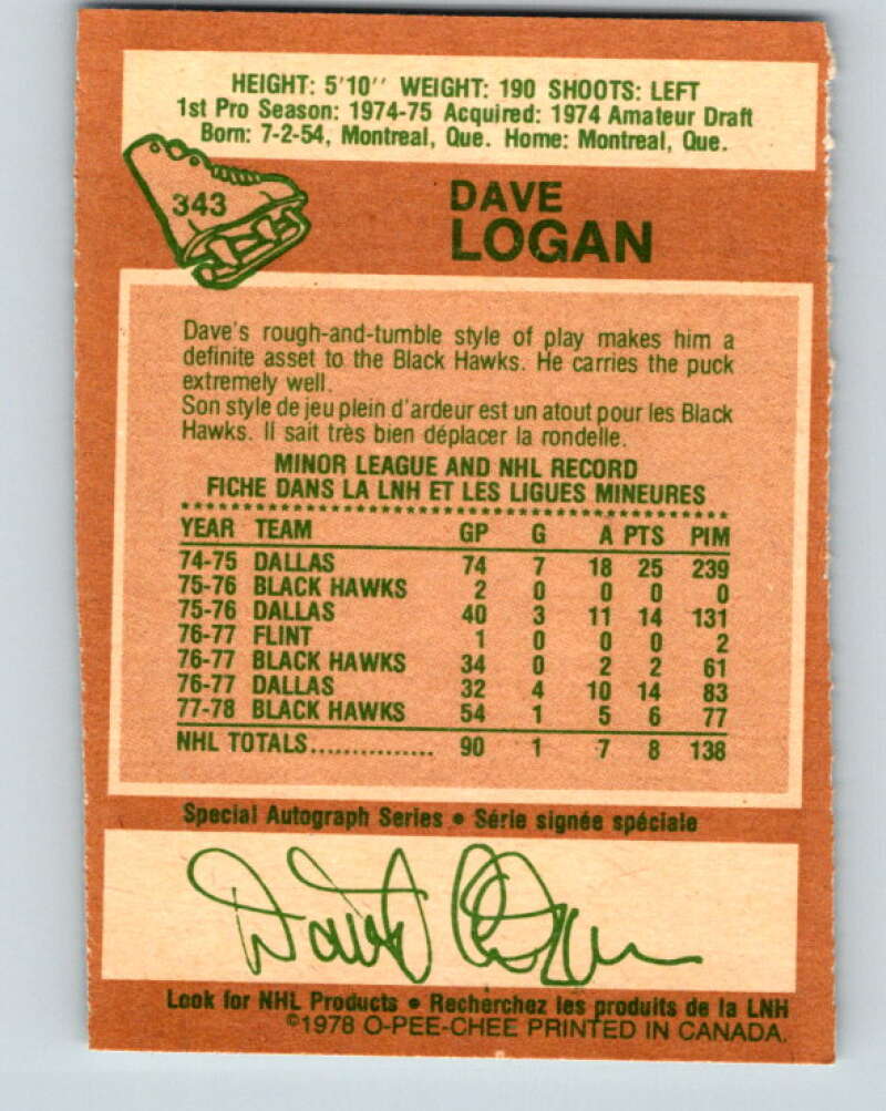 1978-79 O-Pee-Chee #343 Dave Logan RC Rookie Blackhawks V25679