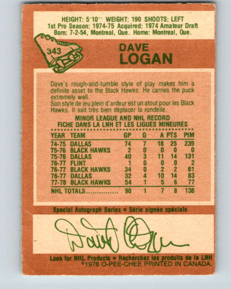 1978-79 O-Pee-Chee #343 Dave Logan RC Rookie Blackhawks V25681