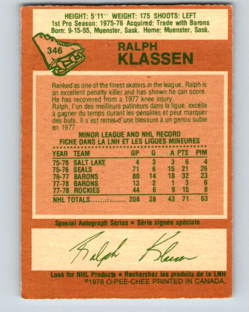1978-79 O-Pee-Chee #346 Ralph Klassen Colorado Rockies V25719