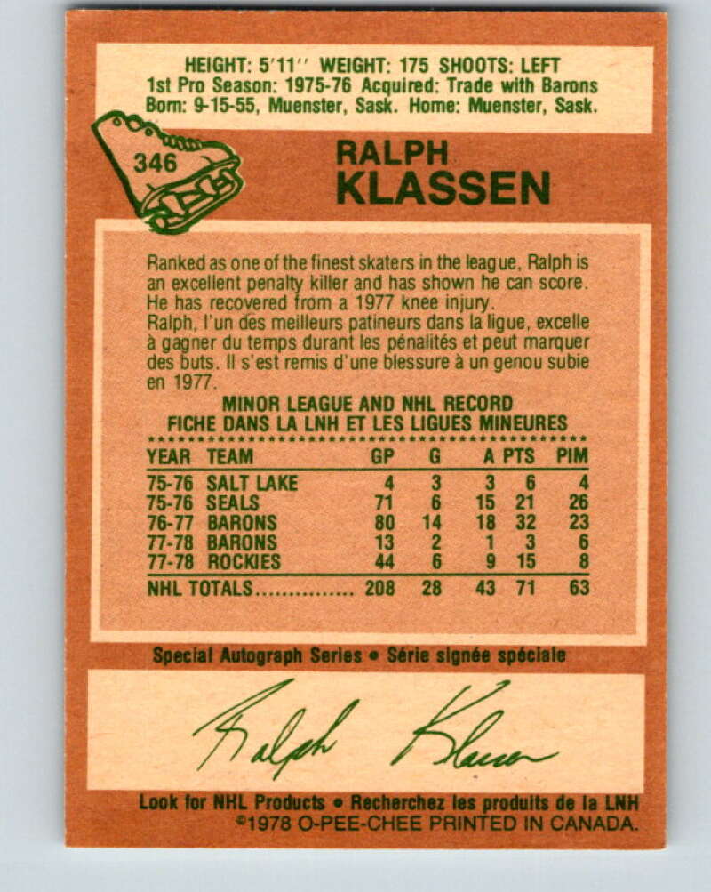 1978-79 O-Pee-Chee #346 Ralph Klassen Colorado Rockies V25720