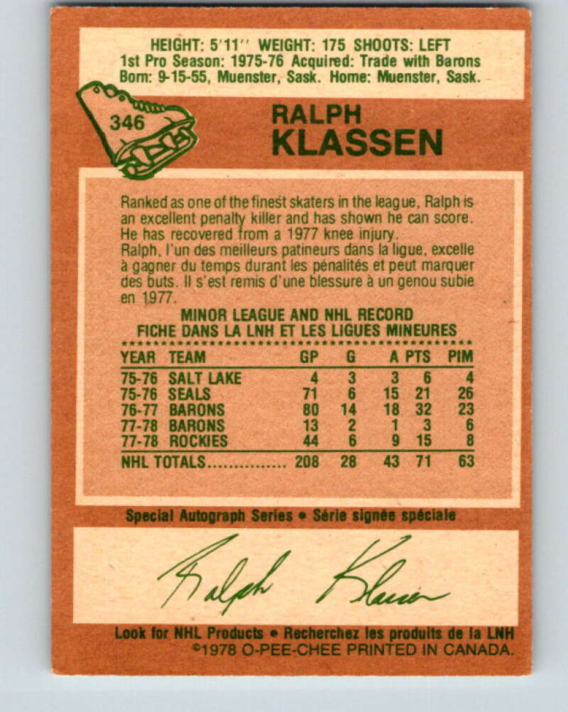 1978-79 O-Pee-Chee #346 Ralph Klassen Colorado Rockies V25721