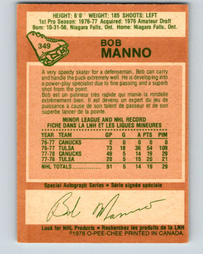 1978-79 O-Pee-Chee #349 Bob Manno RC Rookie Canucks V25748
