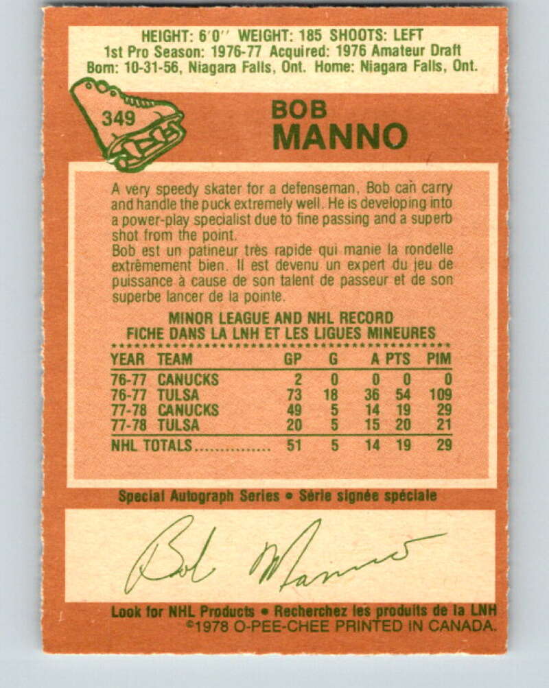 1978-79 O-Pee-Chee #349 Bob Manno RC Rookie Canucks V25749
