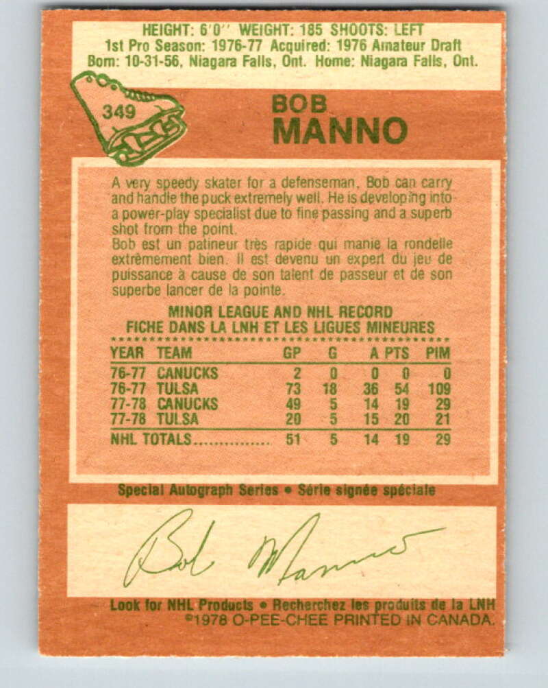 1978-79 O-Pee-Chee #349 Bob Manno RC Rookie Canucks V25750