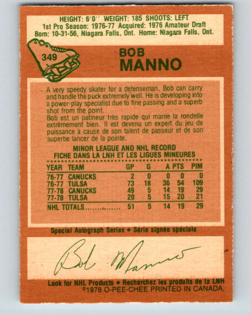 1978-79 O-Pee-Chee #349 Bob Manno RC Rookie Canucks V25751