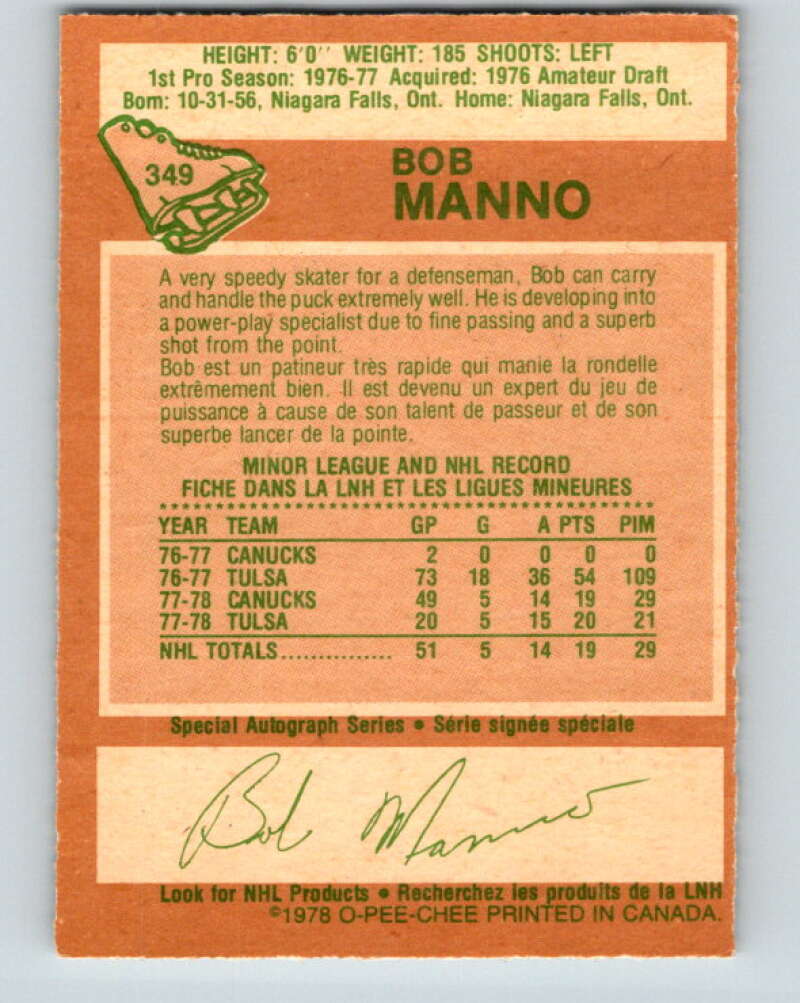 1978-79 O-Pee-Chee #349 Bob Manno RC Rookie Canucks V25752