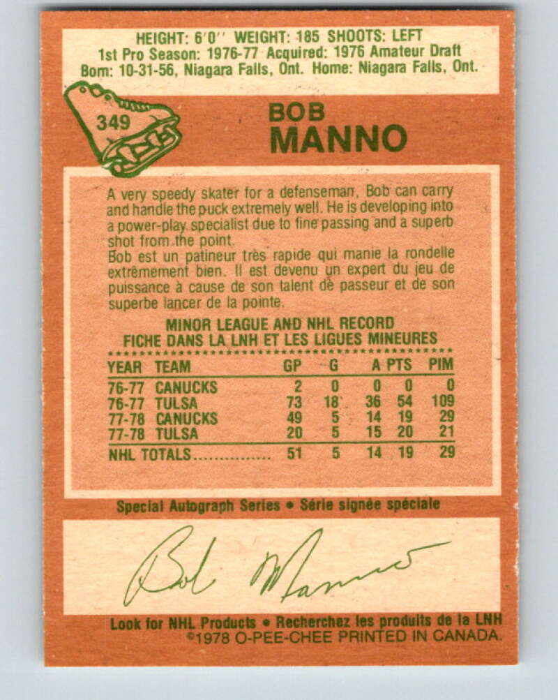 1978-79 O-Pee-Chee #349 Bob Manno RC Rookie Canucks V25755