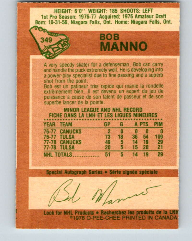 1978-79 O-Pee-Chee #349 Bob Manno RC Rookie Canucks V25760