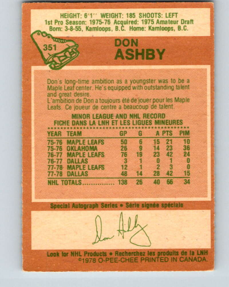 1978-79 O-Pee-Chee #351 Don Ashby Toronto Maple Leafs V25777