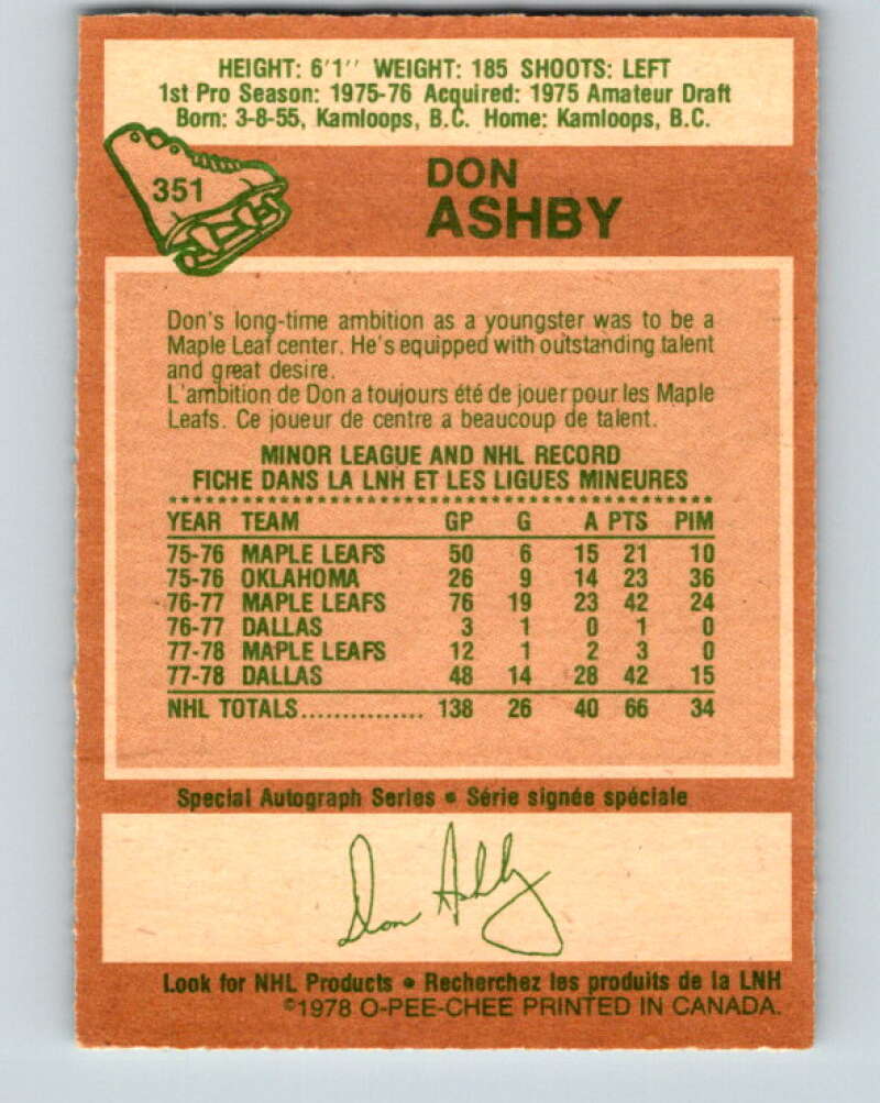 1978-79 O-Pee-Chee #351 Don Ashby Toronto Maple Leafs V25778