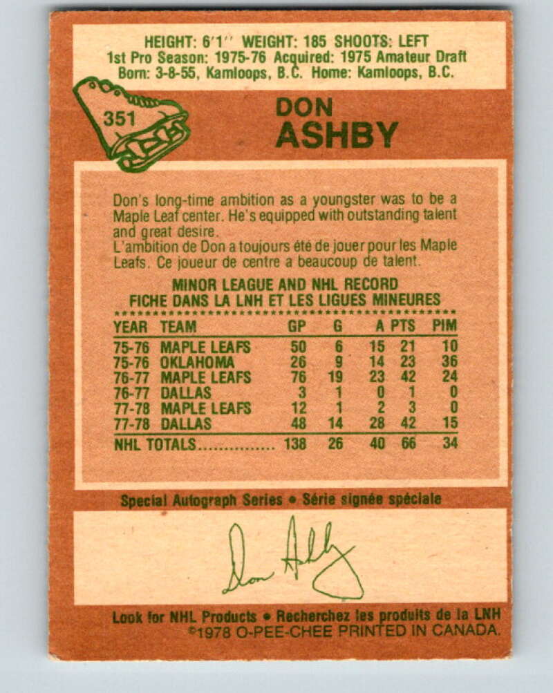 1978-79 O-Pee-Chee #351 Don Ashby Toronto Maple Leafs V25780
