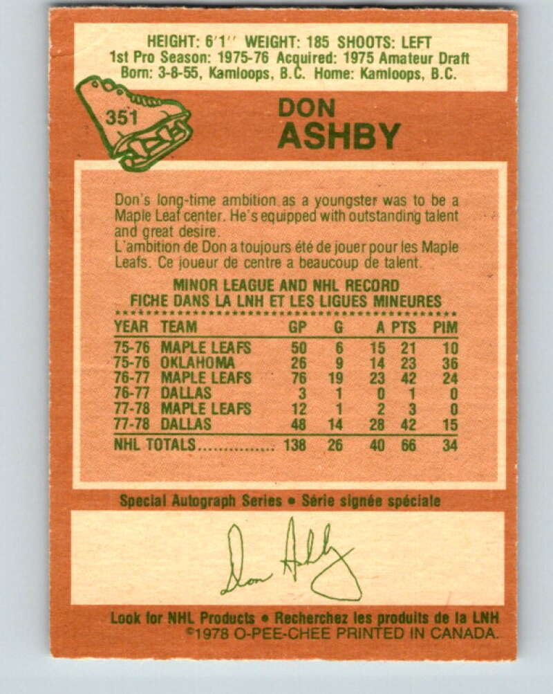 1978-79 O-Pee-Chee #351 Don Ashby Toronto Maple Leafs V25782
