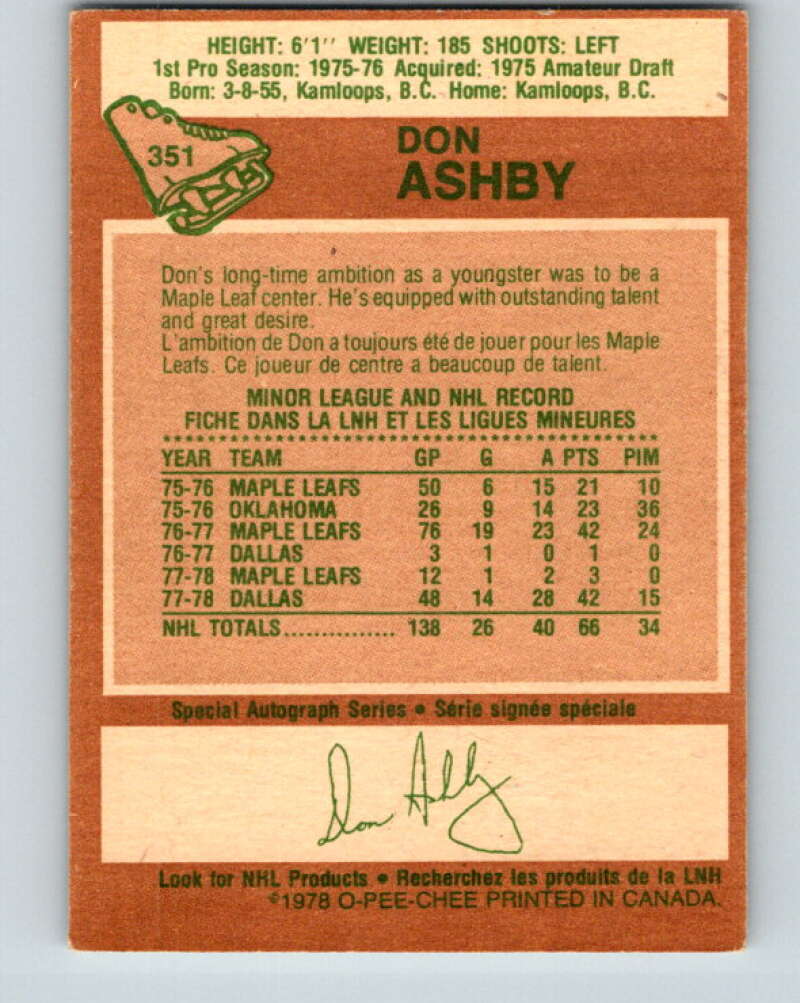 1978-79 O-Pee-Chee #351 Don Ashby Toronto Maple Leafs V25784