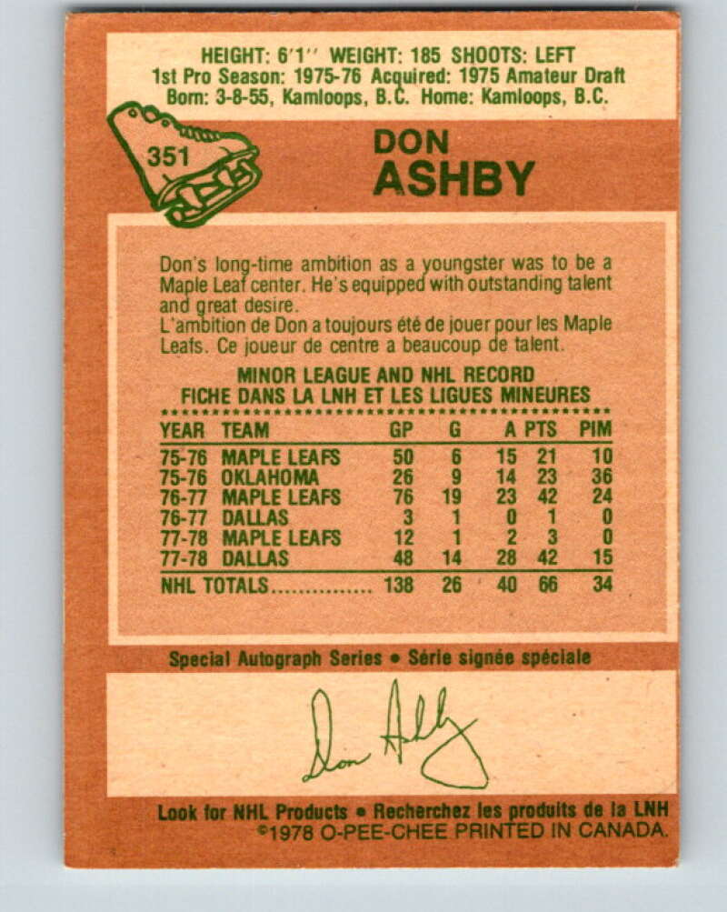 1978-79 O-Pee-Chee #351 Don Ashby Toronto Maple Leafs V25786