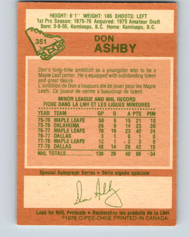 1978-79 O-Pee-Chee #351 Don Ashby Toronto Maple Leafs V25787